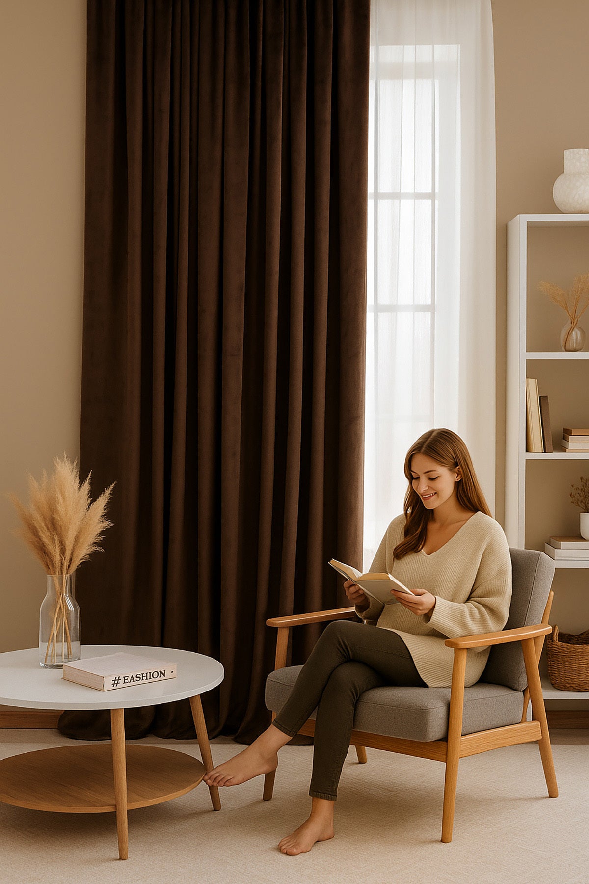 Süet Elit Kadife Dokulu Natural Fon Perde Salon Oturma Odası Yatak Odası Antre — Kahverengi