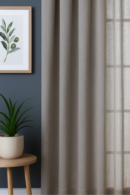 Natural Modern File Dokulu Keten Tül Perde PİLELİ Salon Oturma Odası Yatak Odası Çocuk Odası — Bej