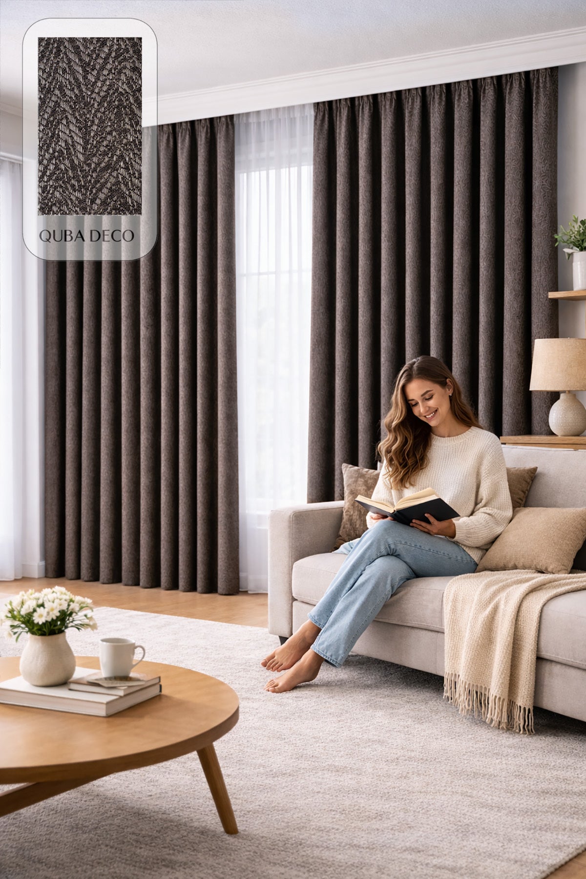 Balıksırtı Dokulu Premium Jakar Fon Perde Salon Oturma Odası Yatak Odası Çocuk Odası — Kahverengi