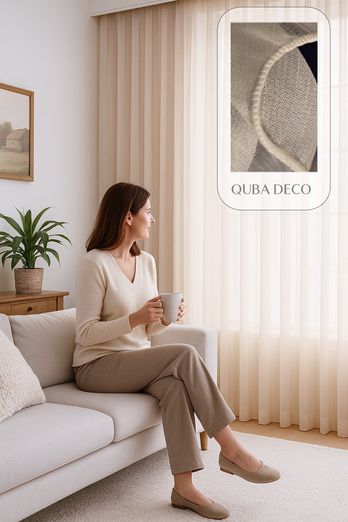 Soft Dokulu Şık Pileli Tül Perde Salon Oturma Odası Yatak Odası Çocuk Odası — Ekru