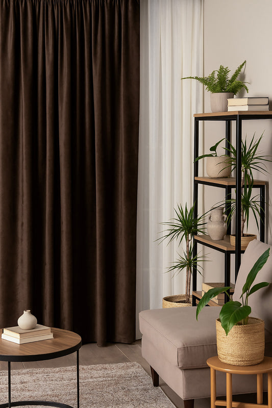 Süet Elit Kadife Dokulu Natural Fon Perde Salon Oturma Odası Yatak Odası Antre — Kahverengi