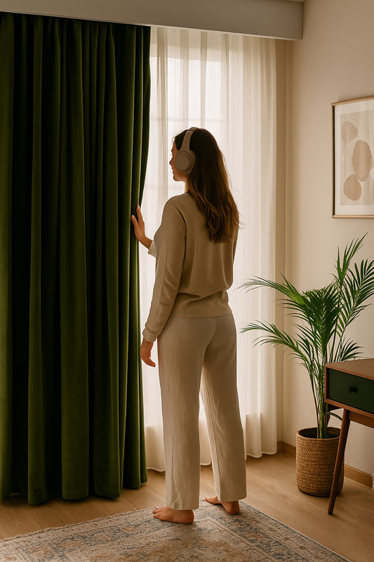 Süet Elit Kadife Dokulu Natural Fon Perde Salon Oturma Odası Yatak Odası Antre — Yeşil