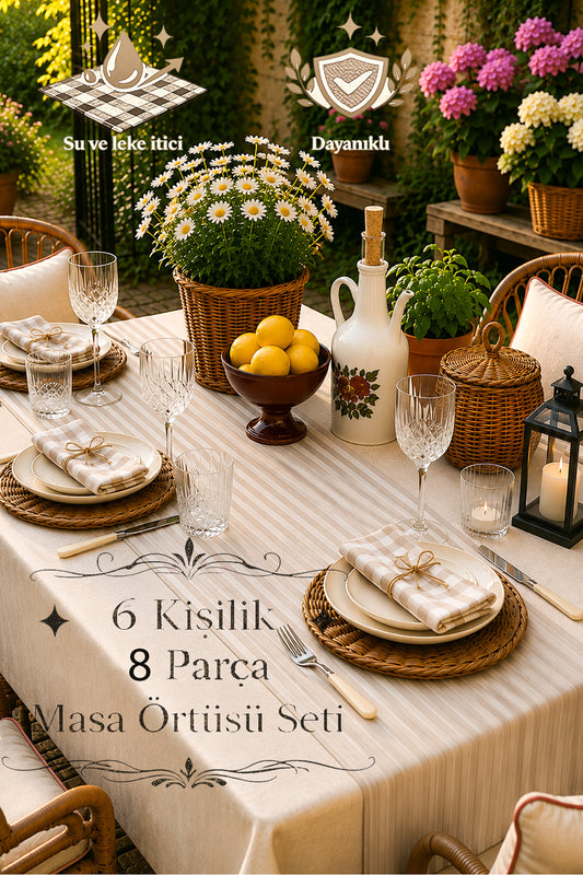 Premium Çizgili, Düz ve Pötikare Desen Seçenekli 6 Kişilik 8 Parça Su İtici Kumaş Masa Örtüsü Seti ( — Bej Pötikare
