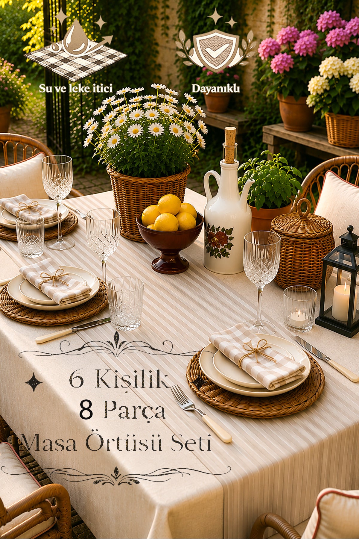 Premium Çizgili, Düz ve Pötikare Desen Seçenekli 6 Kişilik 8 Parça Su İtici Kumaş Masa Örtüsü Seti ( — Bej