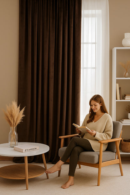 Süet Elit Kadife Dokulu Natural Fon Perde Salon Oturma Odası Yatak Odası Antre — Kahverengi