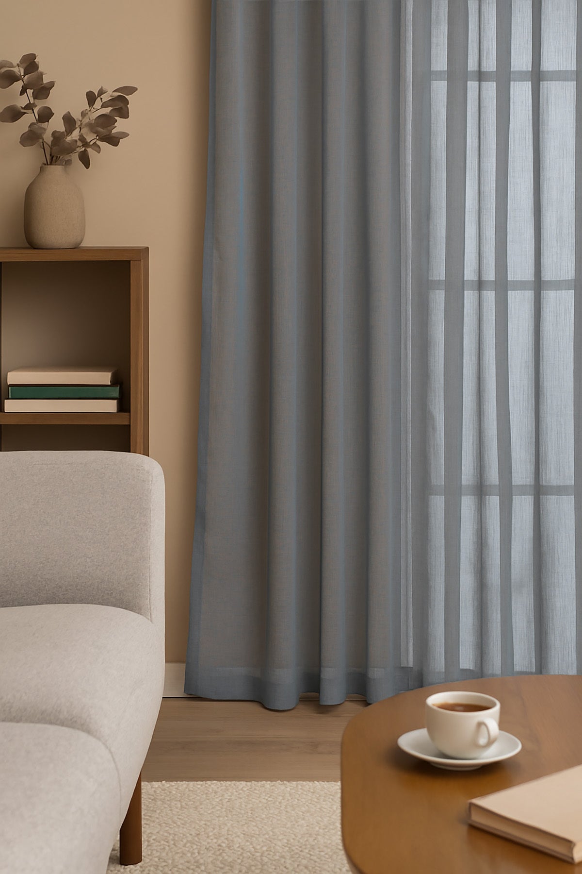 Natural Modern File Dokulu Keten Tül Perde PİLELİ Salon Oturma Odası Yatak Odası Çocuk Odası — Gri