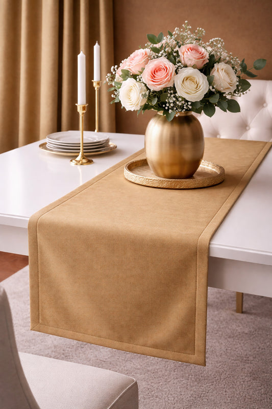 Dekoratif Ada Runner, Minimal Tasarım, Modern Sofra Örtüsü Yemek Masası Konsol Sehpa Mutfak — Hardal