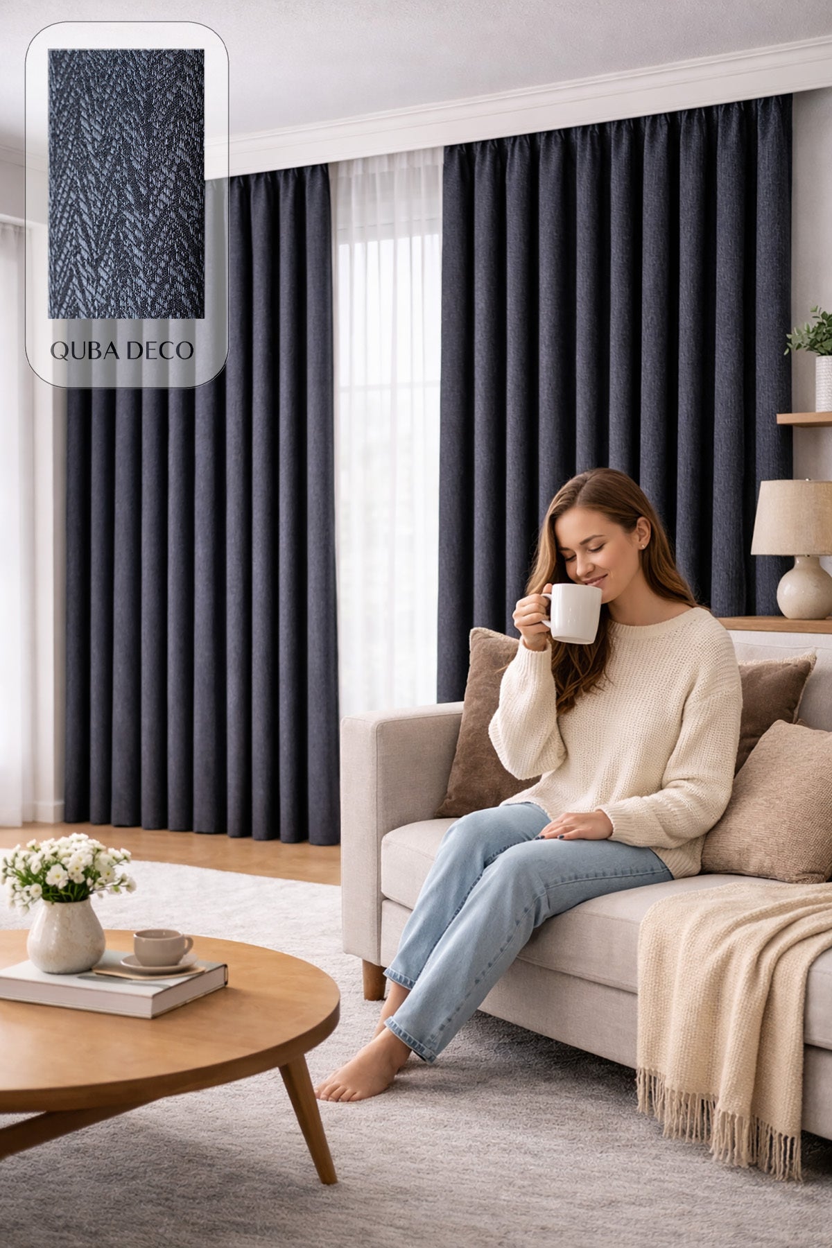 Balıksırtı Dokulu Premium Jakar Fon Perde Salon Oturma Odası Yatak Odası Çocuk Odası — Koyu Lacivert