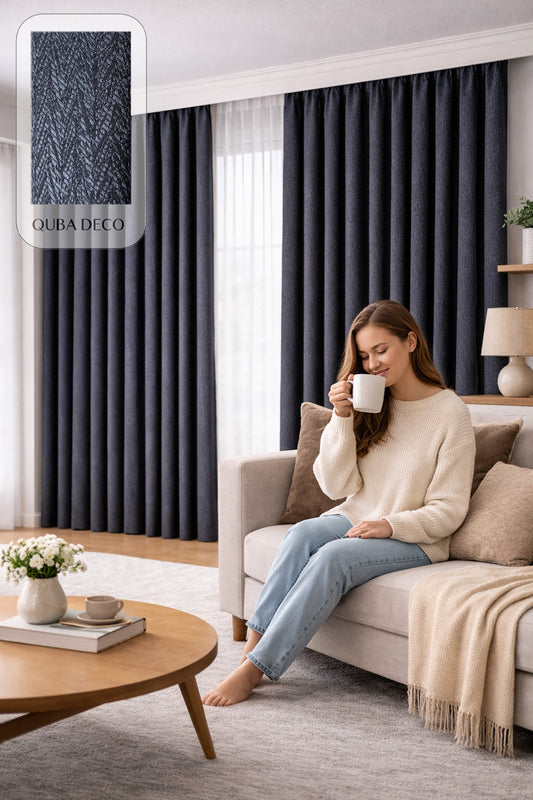 Balıksırtı Dokulu Premium Jakar Fon Perde Salon Oturma Odası Yatak Odası Çocuk Odası — Koyu Lacivert