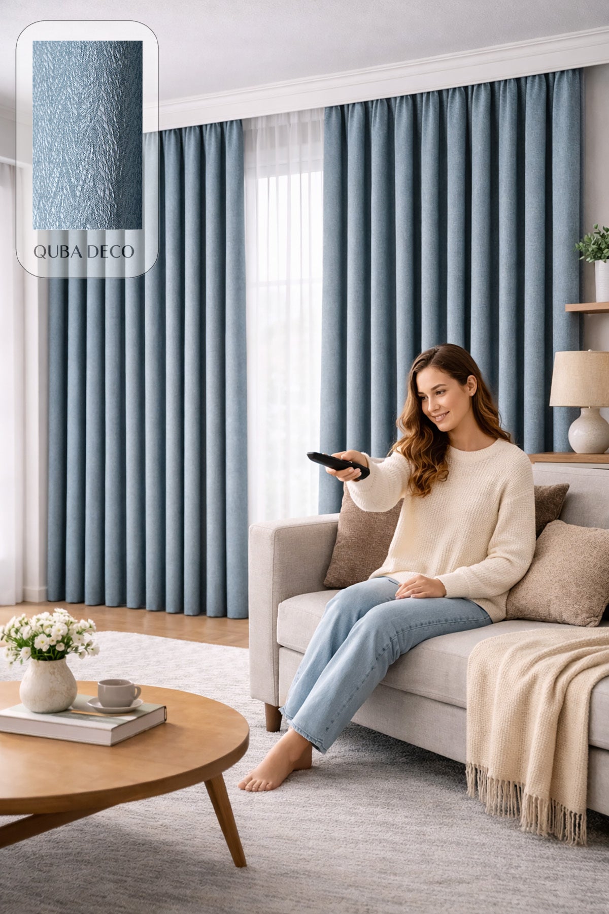Balıksırtı Dokulu Premium Jakar Fon Perde Salon Oturma Odası Yatak Odası Çocuk Odası — Mavi