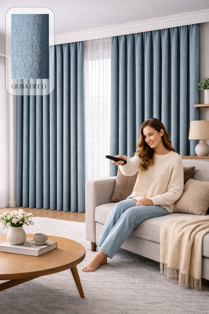 Balıksırtı Dokulu Premium Jakar Fon Perde Salon Oturma Odası Yatak Odası Çocuk Odası — Mavi