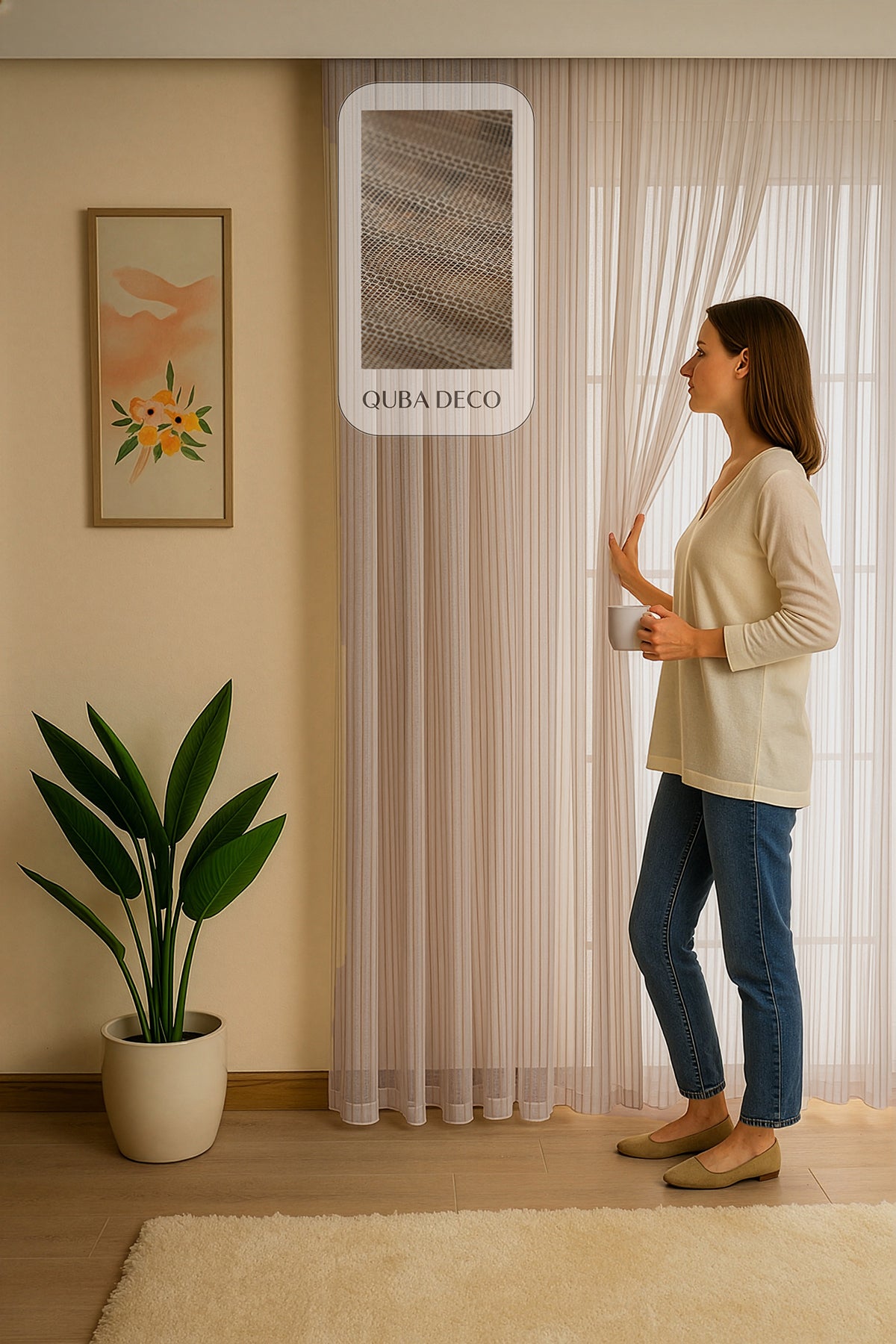 İTALYAN KETEN TÜL DÖKÜMLÜ NATURAL Ütü İstemez Tül Perde Salon Oturma Odası Yatak Odası Antre — Krem