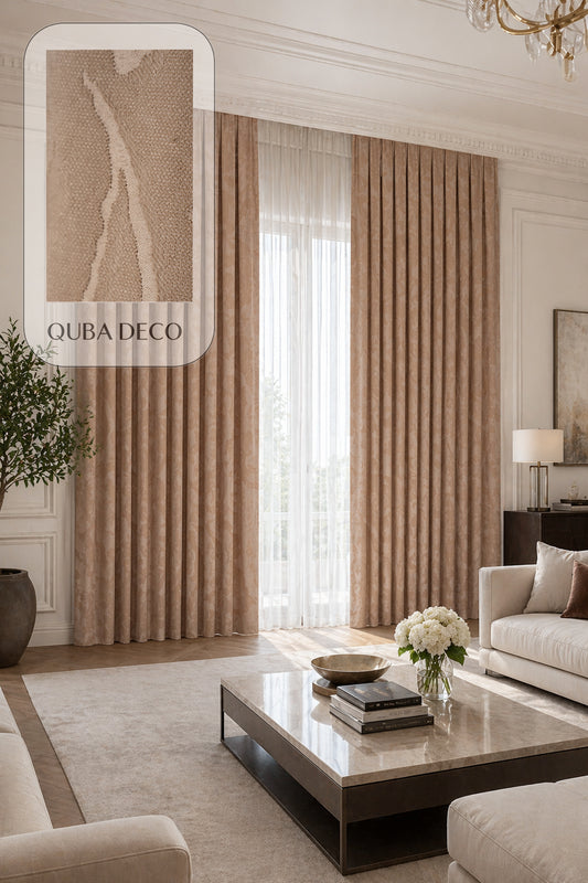 Modern Şık Kabartmalı Jakarlı Bej Fon Perde ( 1x3 Sık Pile) Salon Oturma Odası Yatak Odası Çocuk Odası — Bej