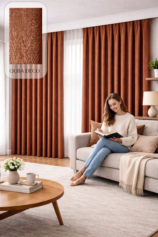 Balıksırtı Dokulu Premium Jakar Fon Perde Salon Oturma Odası Yatak Odası Çocuk Odası — Turuncu
