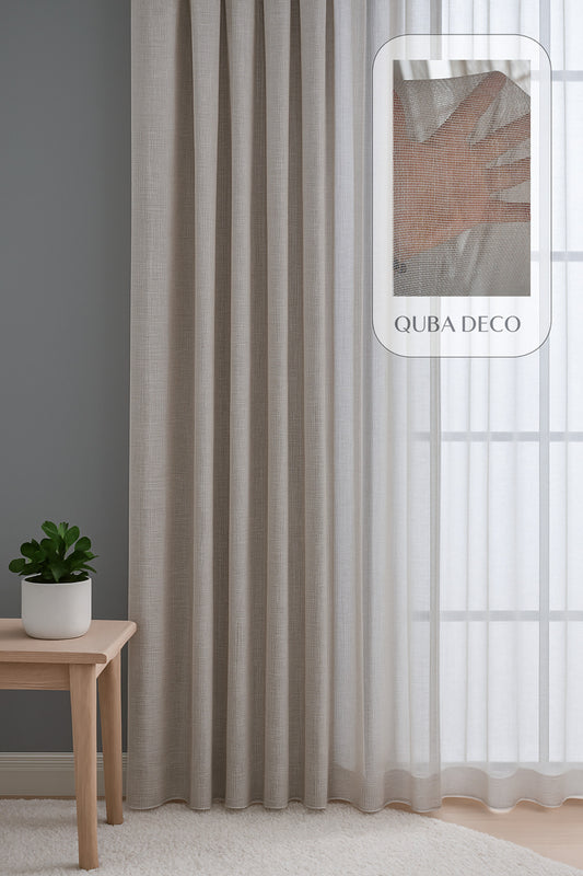 Natural Modern File Dokulu Keten Tül Perde PİLELİ Salon Oturma Odası Yatak Odası Çocuk Odası — Bej