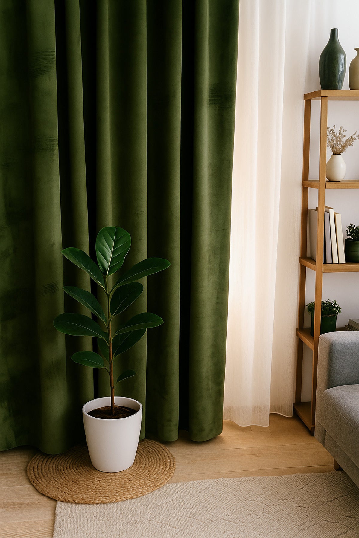 Süet Elit Kadife Dokulu Natural Fon Perde Salon Oturma Odası Yatak Odası Antre — Yeşil